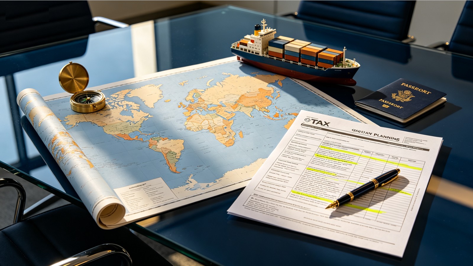 A Singapore founder reviewing a cross-border expansion checklist and regional map at a professional office desk