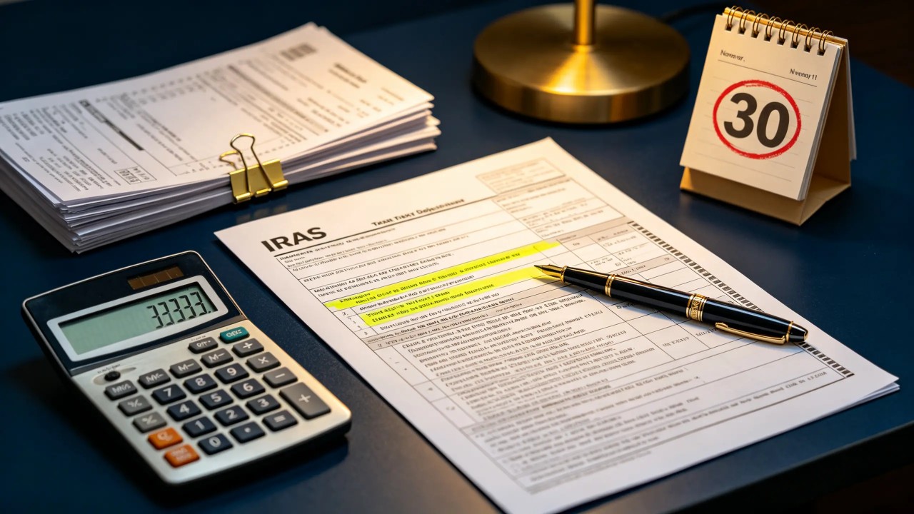 A close-up of corporate income tax documents, IRAS forms, and a tax filing checklist on a professional office desk in Singapore