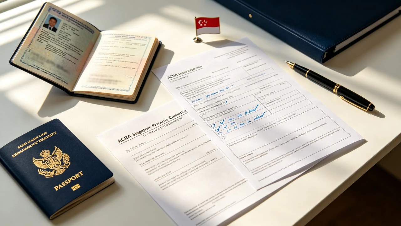 A neatly arranged workspace showing ACRA company incorporation documents, a Singapore business registration checklist, and a passport on a modern office desk