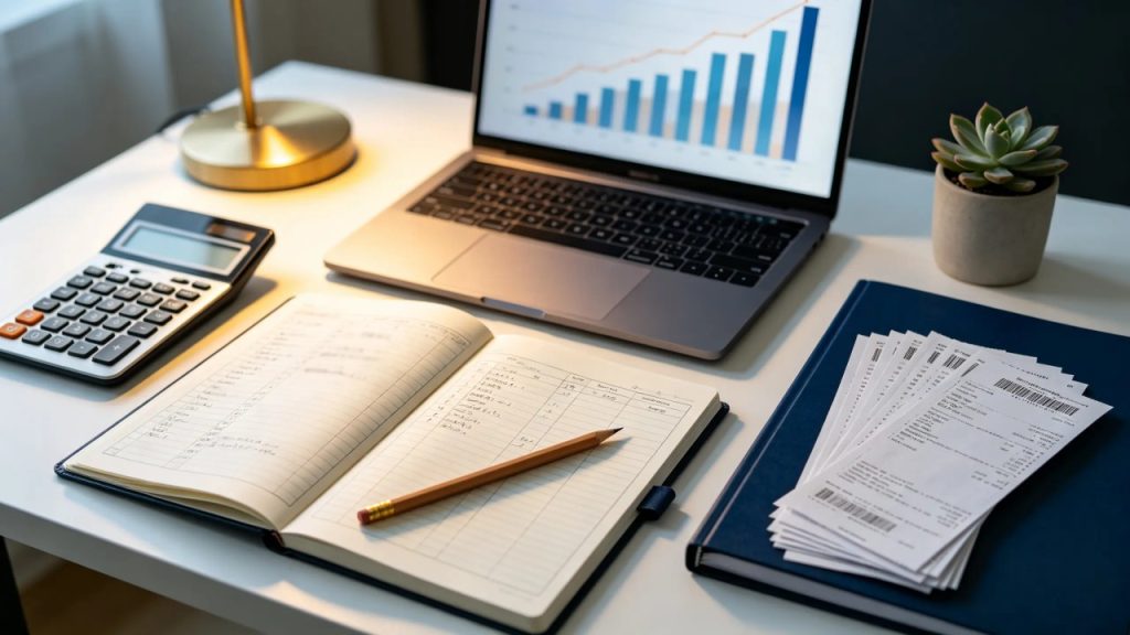 A tidy Singapore accounting workspace with financial reports, bookkeeping ledgers, a laptop showing charts, and a calculator on a modern desk