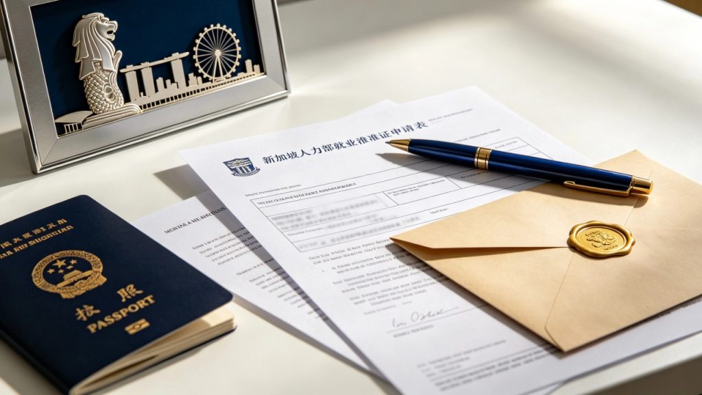 A Singapore Ministry of Manpower employment pass application form, a passport, and a professional employment letter laid out on a clean office desk