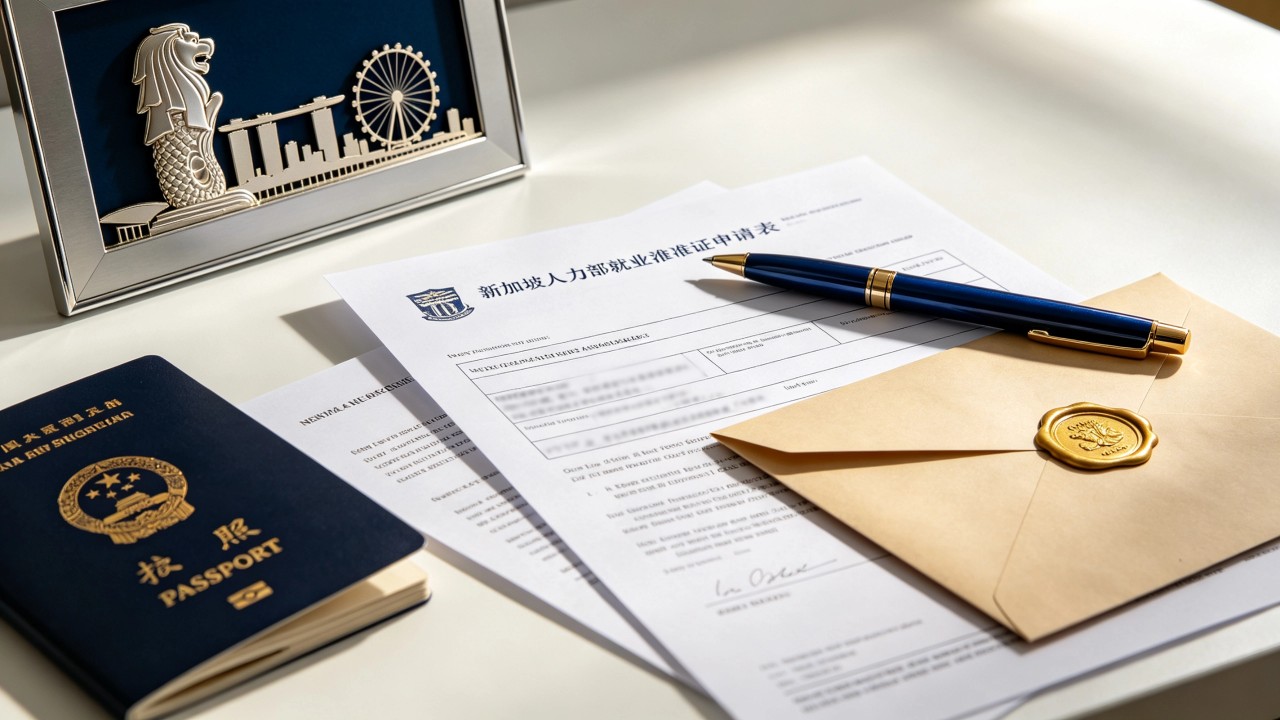 A Singapore Ministry of Manpower employment pass application form, a passport, and a professional employment letter laid out on a clean office desk