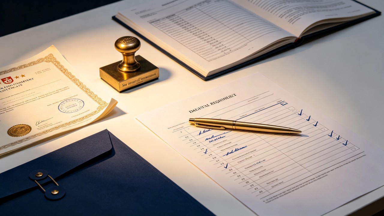 Top-down flat-lay of a Singapore company incorporation certificate, ACRA business profile, company seal, statutory register, and a corporate secretarial compliance checklist on a navy and ivory office desk