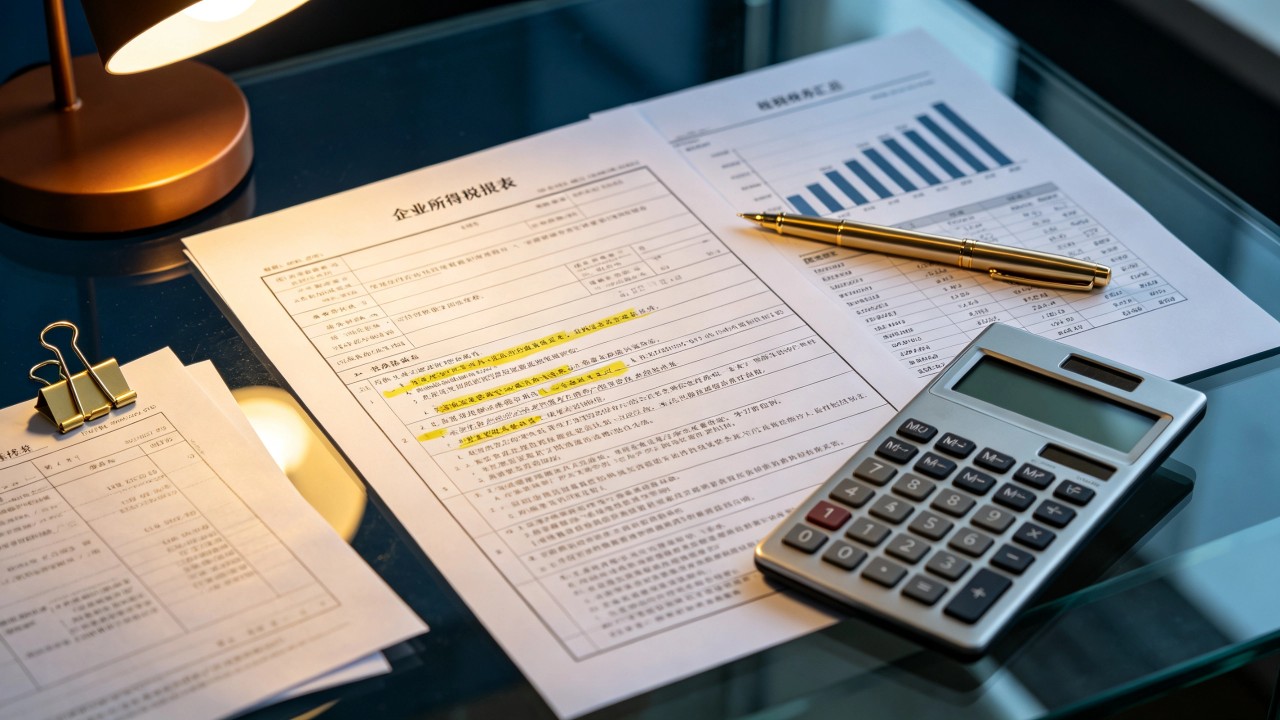 A Singapore corporate tax workspace with a printed IRAS tax return, a calculator, financial statements, and a fountain pen on a professional office desk