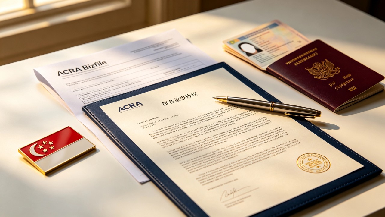 A Singapore corporate desk showing a signed nominee director agreement, company seal, and statutory register in a professional office setting