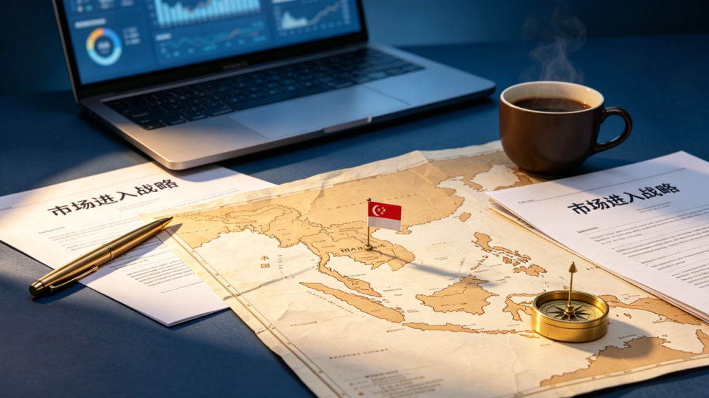 Flat-lay of Singapore market entry strategy documents and Southeast Asia map on navy blue desk with gold pen