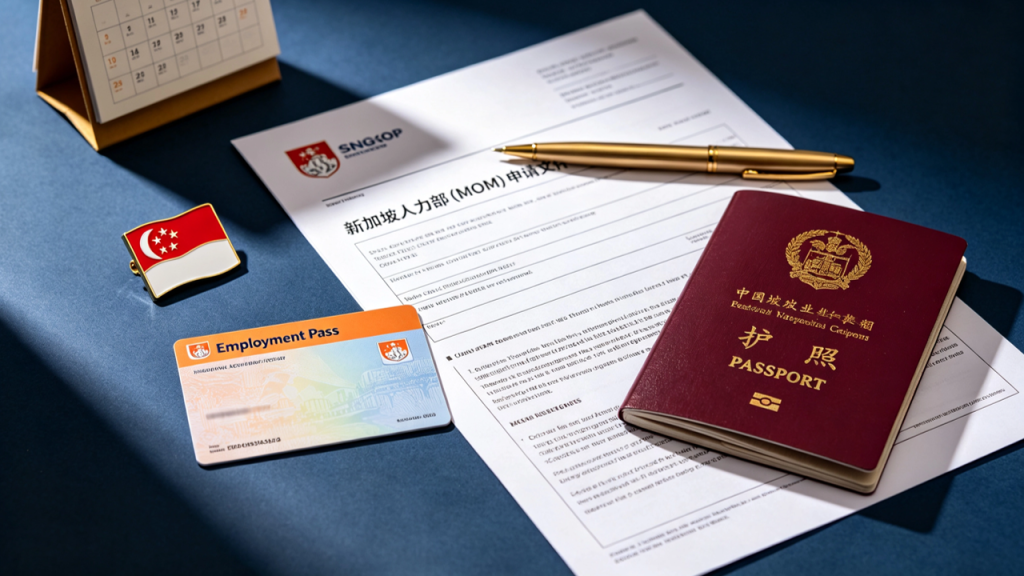 Flat-lay of Singapore employment pass application documents on navy blue desk with gold pen and Singapore flag pin