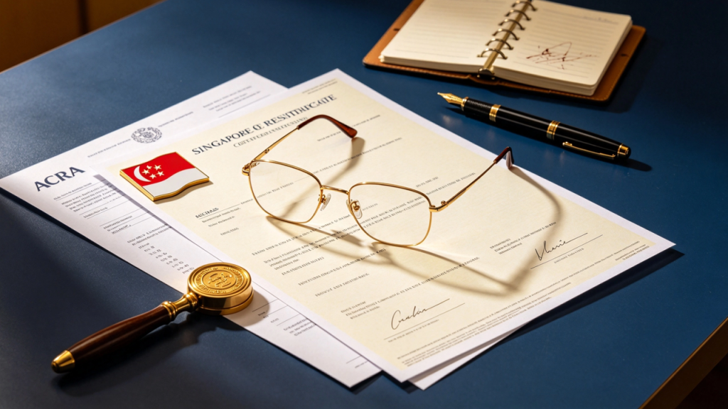 Flat-lay of Singapore company incorporation documents on navy blue desk with gold pen and Singapore flag pin