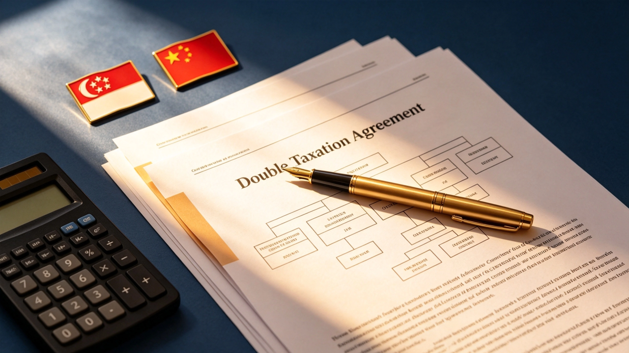 Flat-lay of Singapore and China cross-border business structure diagram and documents on navy blue desk with gold pen