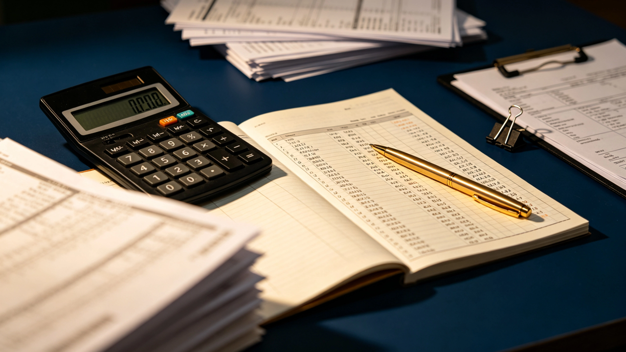 Flat-lay of Singapore financial statements and bookkeeping ledger on navy blue desk with gold pen and calculator
