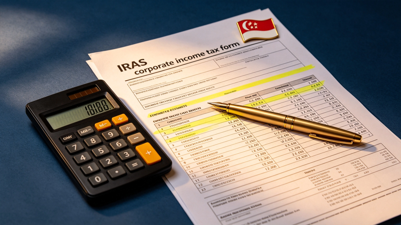 Flat-lay of Singapore corporate tax filing documents and IRAS forms on navy blue desk with gold pen and calculator