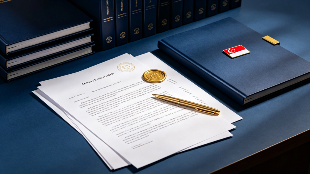 Flat-lay of corporate secretarial compliance documents on navy blue desk with gold pen and ACRA filing forms
