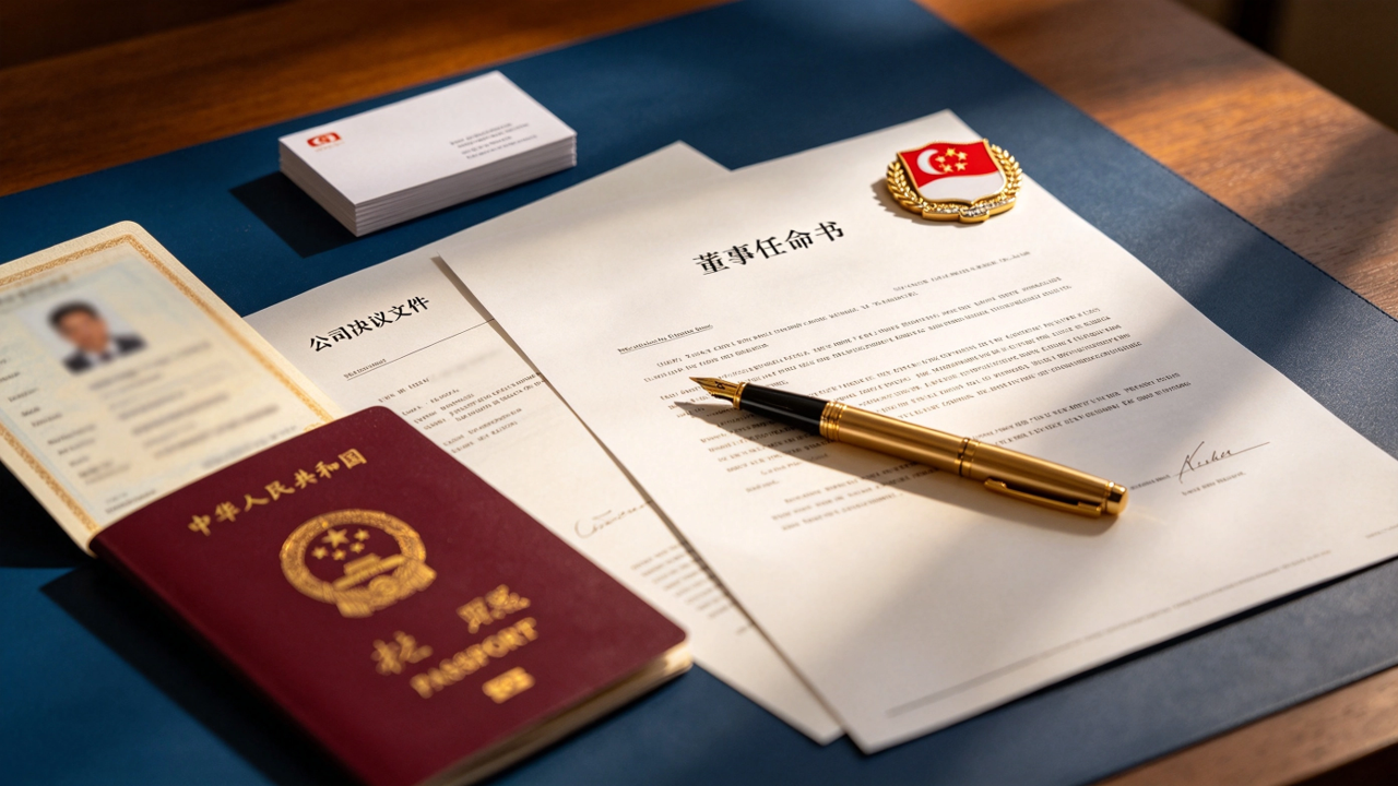 Flat-lay of director appointment documents and Singapore company constitution on navy blue desk with gold pen
